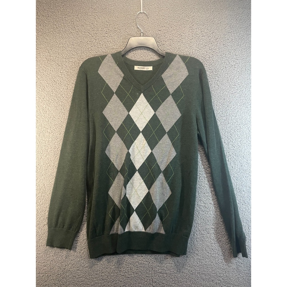 Old Navy Green, Gray, and White Argyle Sweater Mens Size L